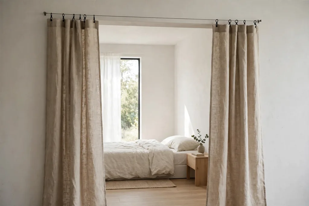 Doorway with plain linen panels sliding along a thin tension wire.