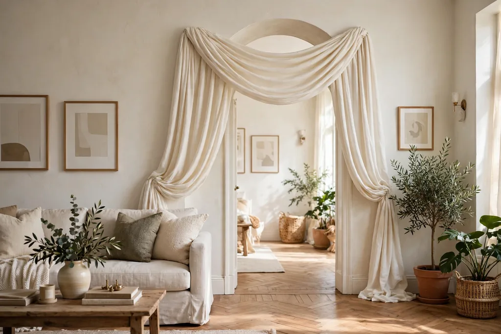 Arched doorway draped with soft cream fabric swagged across the top and sides.