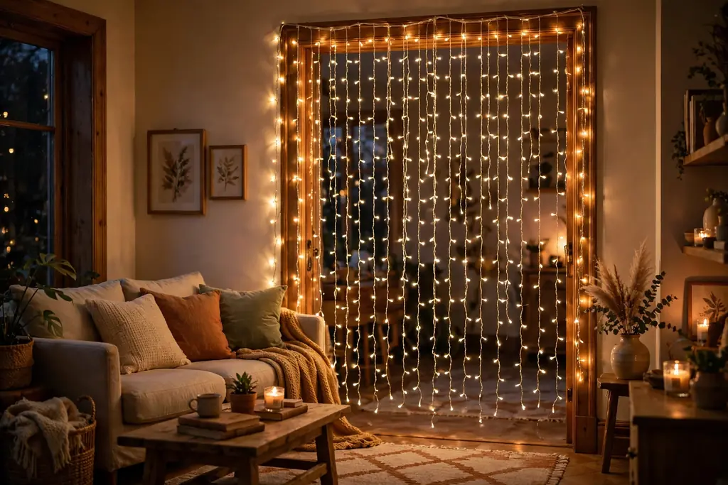 Doorway covered by a curtain of warm string lights hanging in strands.