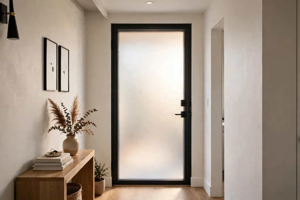Interior glass door covered with frosted window film for privacy.