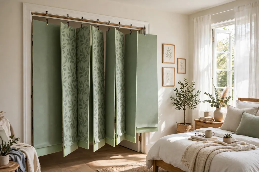 Doorway covered by foam board panels wrapped in sage green removable wallpaper.