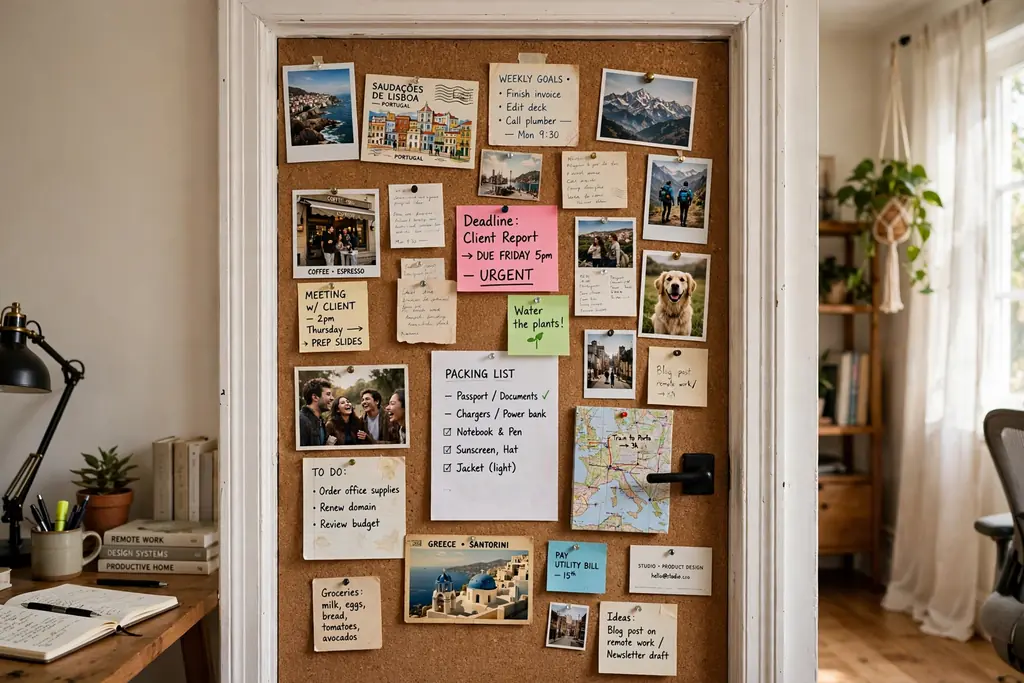 Doorway covered by a corkboard panel with pinned photos and notes.