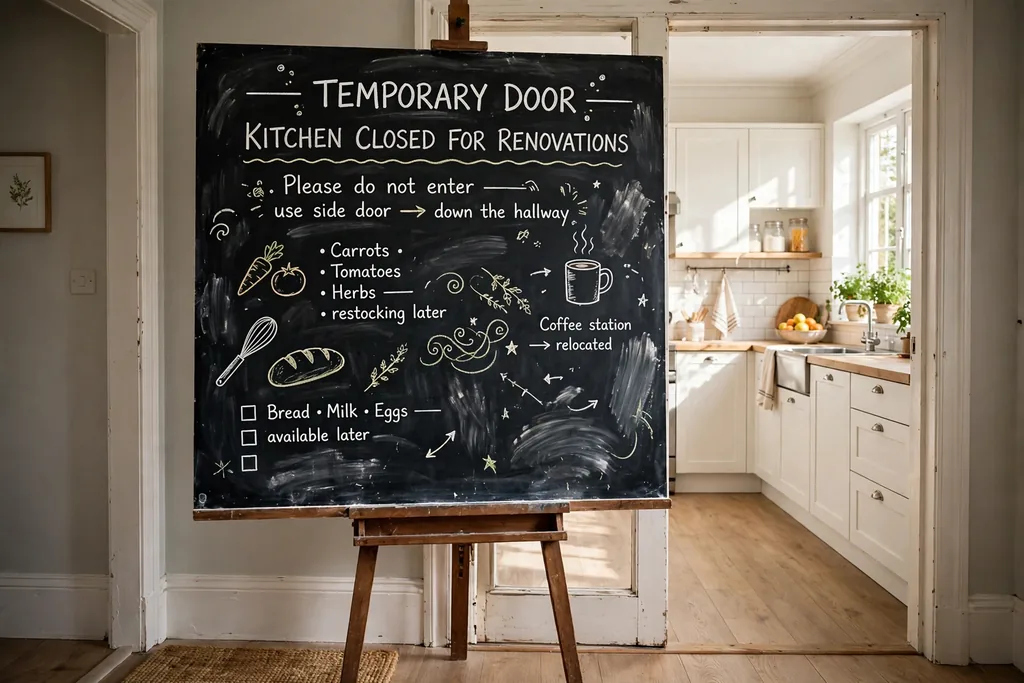 Chalkboard panel on a wooden easel stand placed in a doorway.