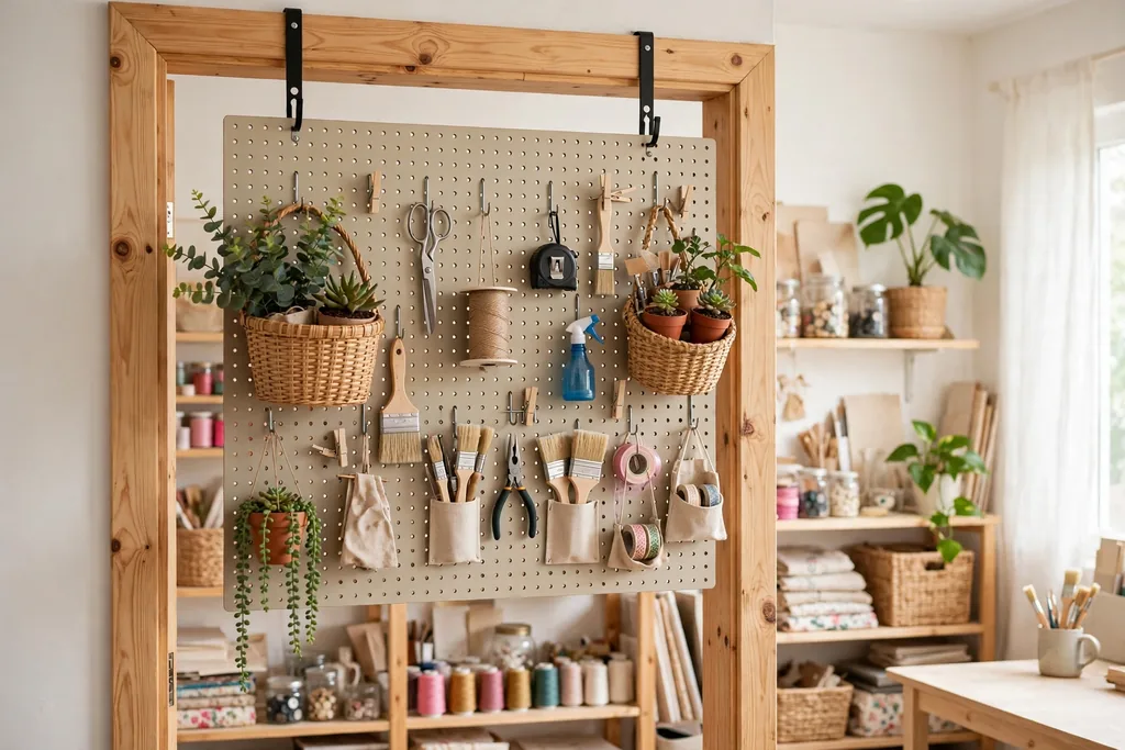 Doorway covered by a pegboard panel hanging from over-door hooks with baskets and small plants.