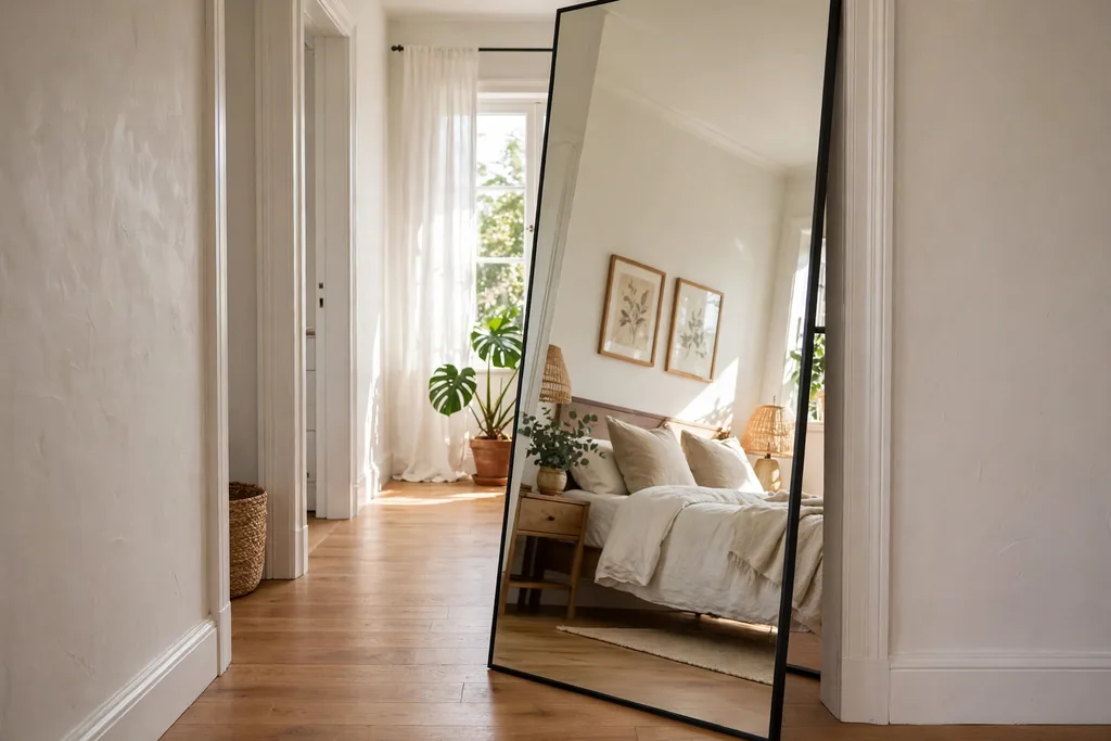 Tall full length mirror panel leaning across part of a wide doorway.