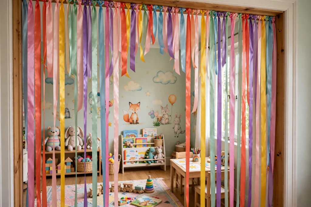 Doorway covered by a curtain of colorful satin ribbons hanging in strands.
