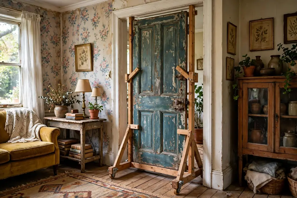 Salvaged painted wooden door mounted on a portable wooden stand in a doorway.