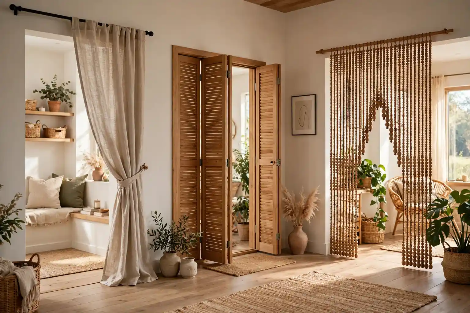 Wide home interior showing a linen curtain doorway, a folding wood screen, and a beaded curtain doorway in warm daylight.