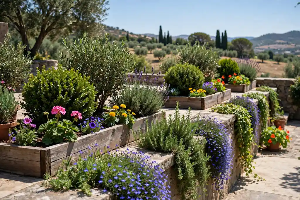 Low raised beds along a terrace edge with shrubs, flowers, and trailing plants.