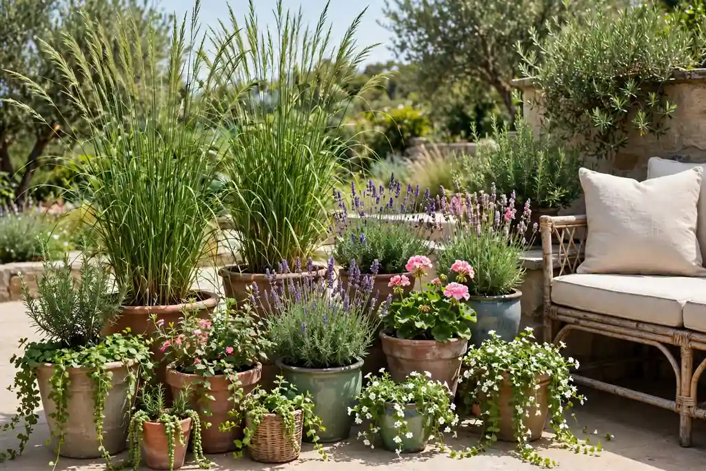 Clusters of containers in mixed sizes with tall, mid height, and trailing plants near a terrace seat.