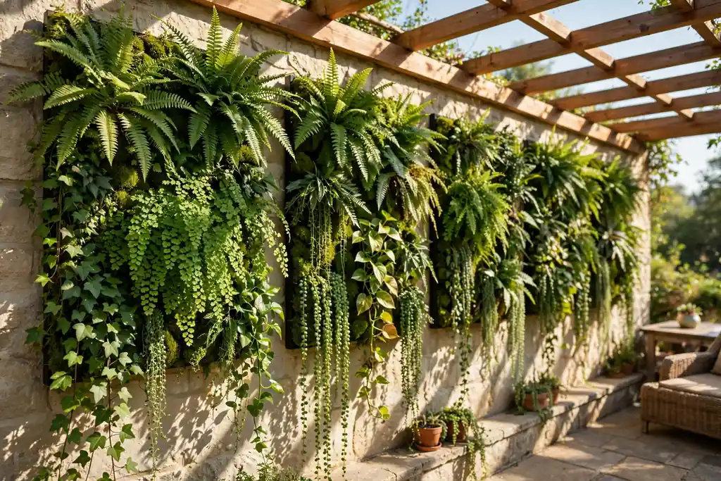 Living wall panels with ferns and trailing plants on a sheltered terrace wall.