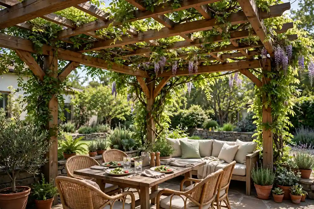 Wooden pergola with climbing plants over a terrace seating area in daylight.