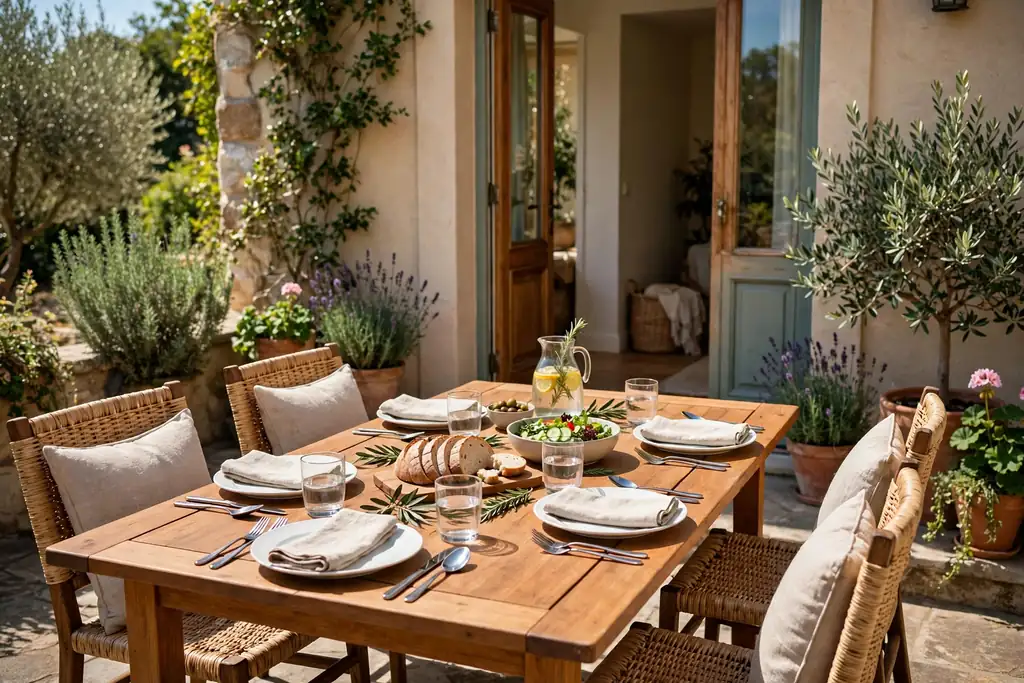 Terrace dining table with chairs set for a meal outdoors near the house door.