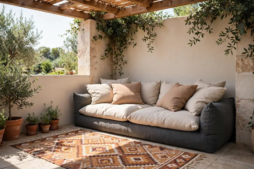 Low outdoor sofa with soft cushions and a rug in a sheltered terrace corner.