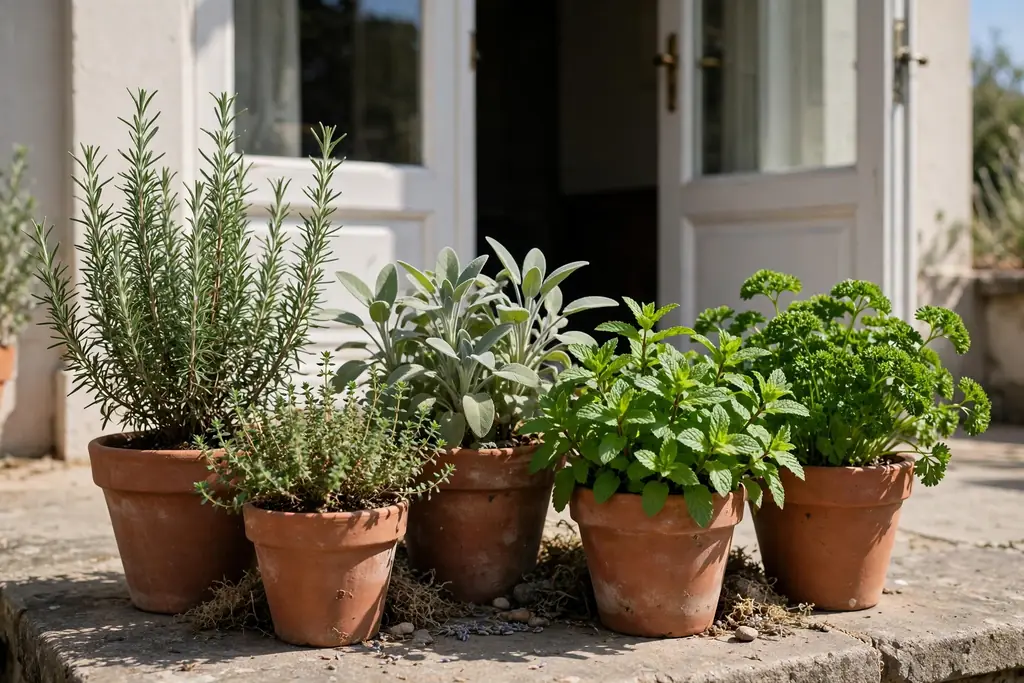 Herb pots with rosemary, thyme, sage, mint, and parsley grouped near a terrace door.