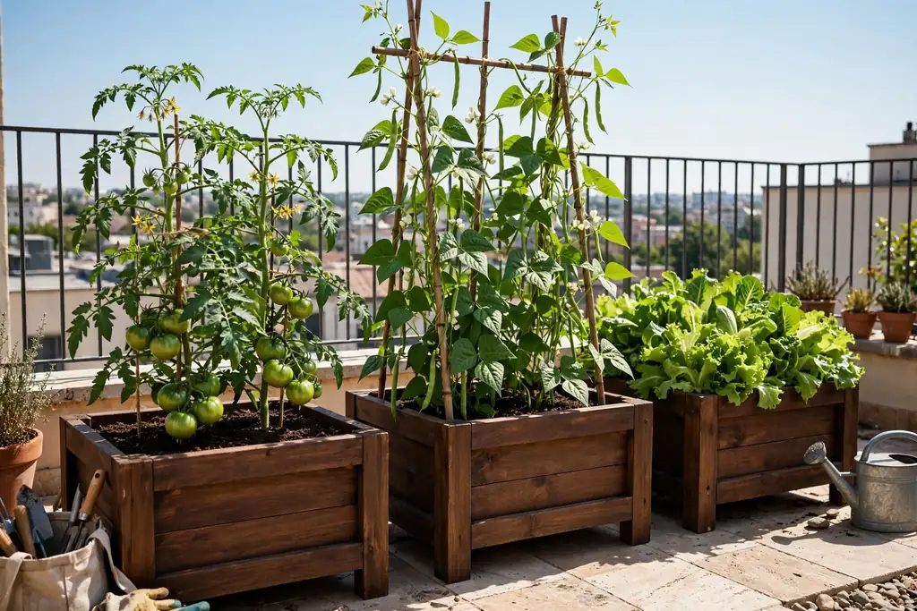 Deep containers with tomatoes, beans, and salad leaves growing on a sunny terrace.