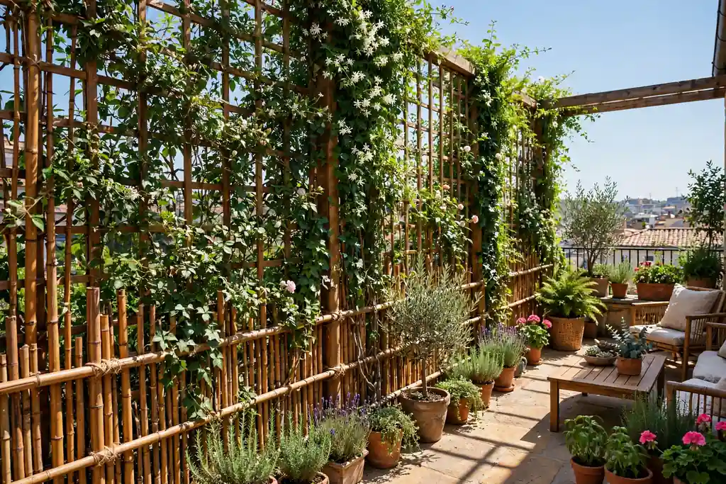Bamboo and trellis privacy screens with climbers along one side of a terrace.