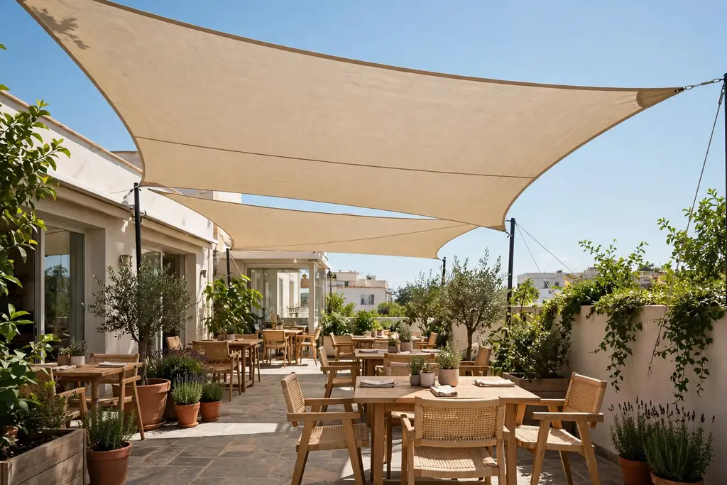 Shade sail stretched over a terrace seating zone on a sunny day.
