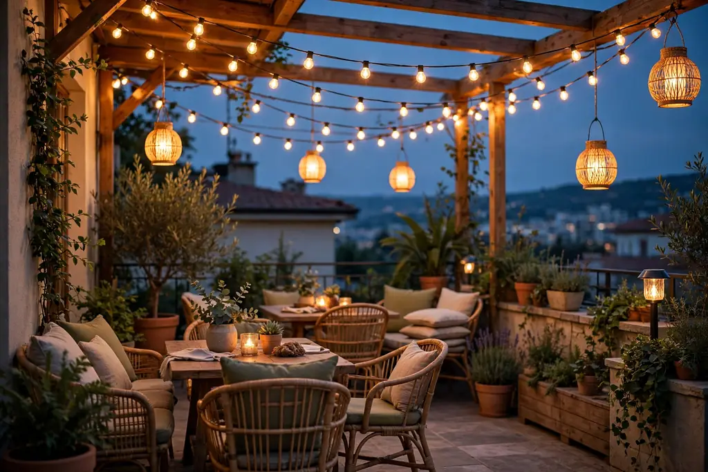 Warm string lights and solar lanterns over a terrace seating area at dusk.