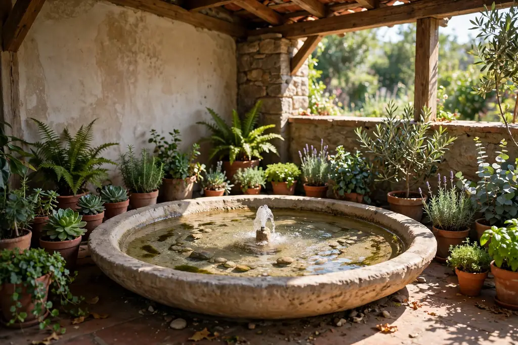 Shallow water bowl with a small fountain in a sheltered terrace corner.