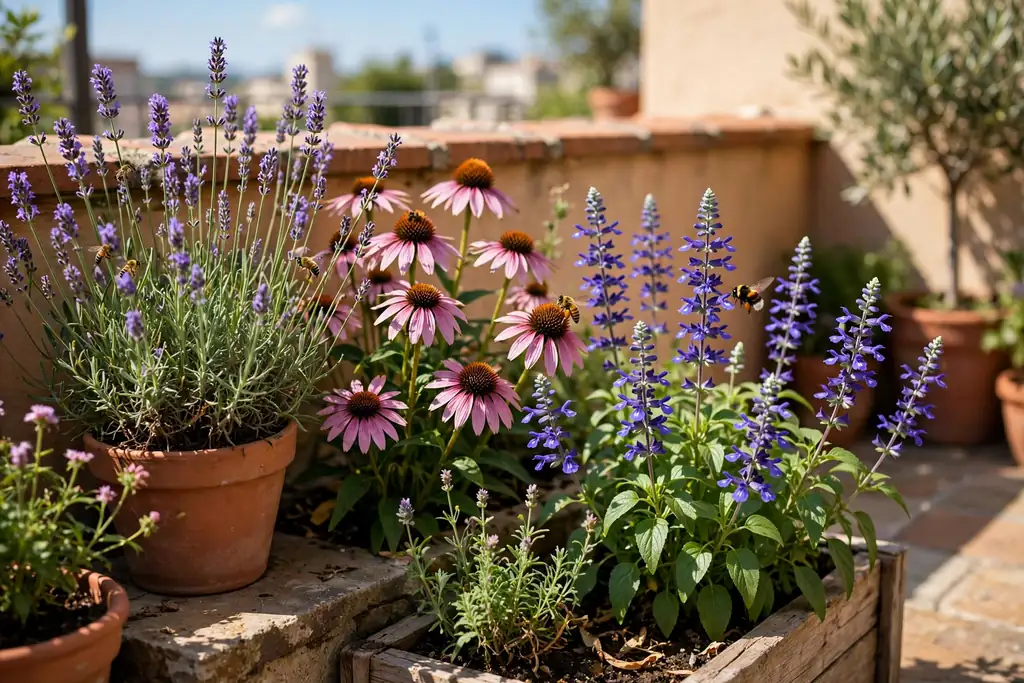 Pollinator flower corner with lavender, coneflowers, and salvias on a terrace.