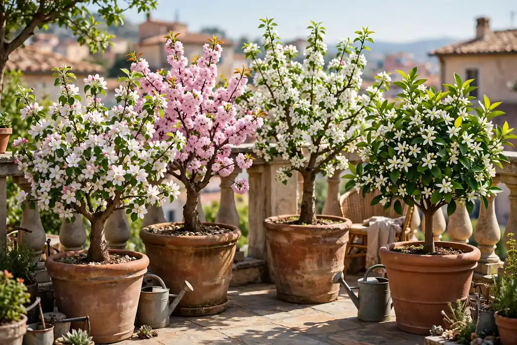 Dwarf fruit trees in large pots with blossom on a sunny terrace.