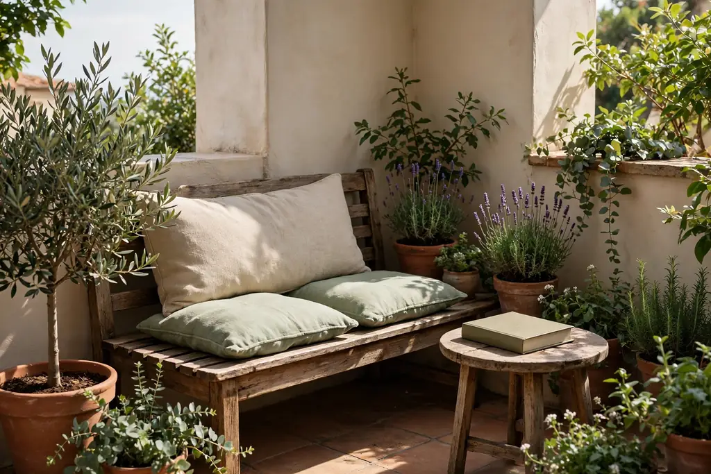 Wooden bench with cushions and a small side table in a quiet planted terrace corner.