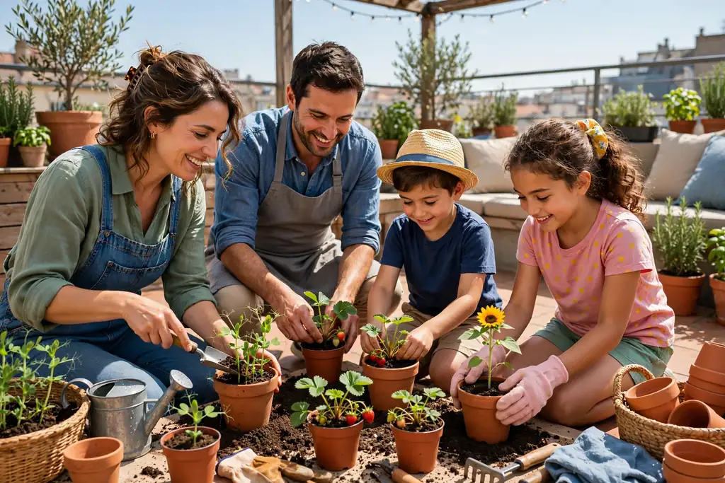 Family planting patch with children sized pots of peas, strawberries, and sunflowers on a terrace.