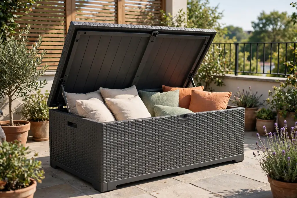 Weatherproof storage bench with its lid open showing cushions on a terrace.