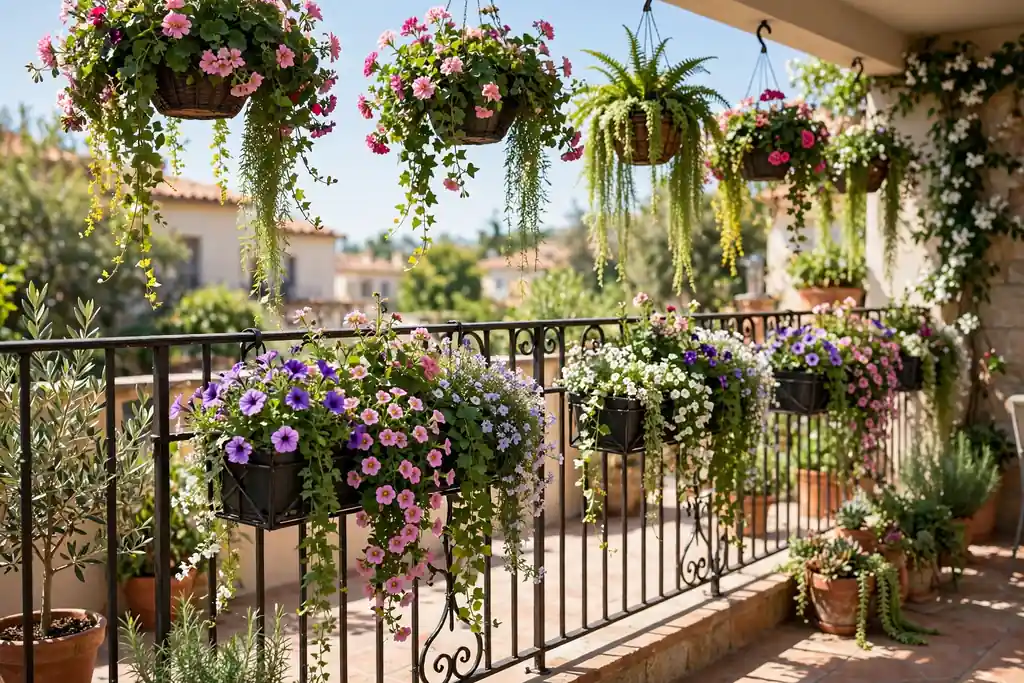 Railing planters and hanging baskets with trailing flowers along a terrace railing.