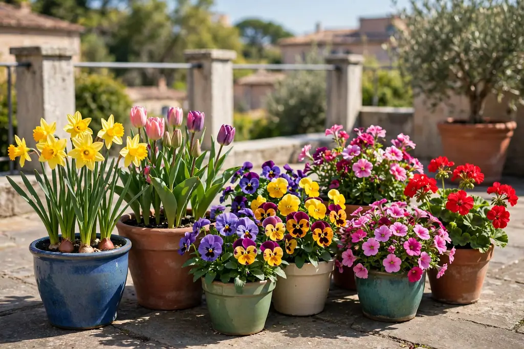 Seasonal color pots with spring bulbs, summer flowers, and pansies grouped on a terrace.