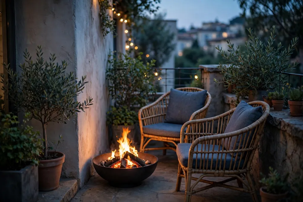 Small fire bowl glowing in a terrace seating corner at dusk.