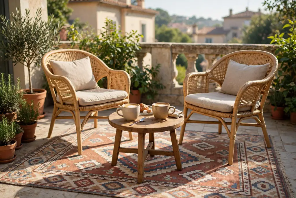 Morning coffee spot with an outdoor rug, two chairs, and a small table on a terrace.