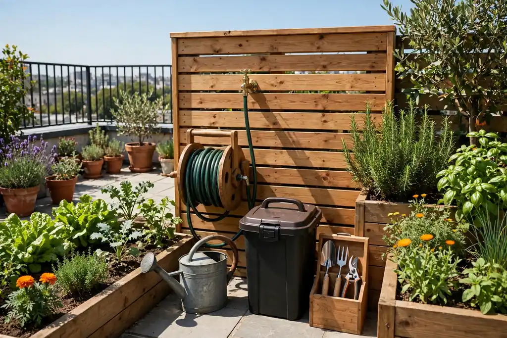 Terrace watering station with a watering can, hose point, compost caddy, and hand tools.