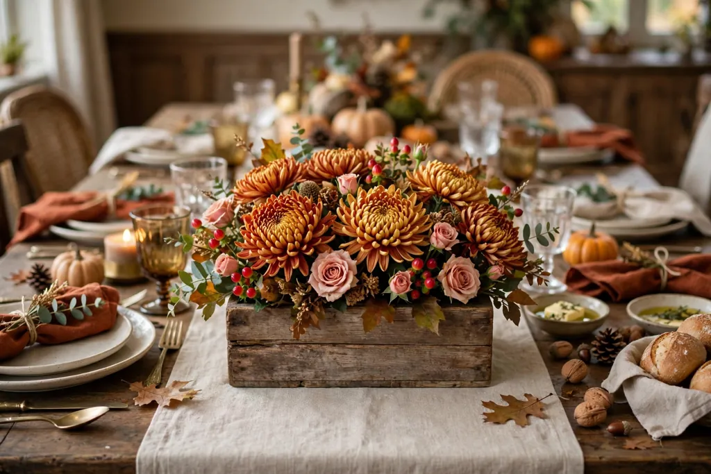 Low wooden box centerpiece with rust and gold chrysanthemums, roses, and red berries on a Thanksgiving table.