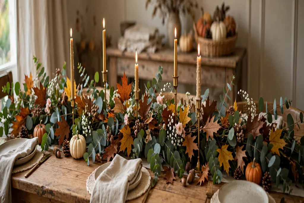 Thanksgiving table runner garland with eucalyptus, small blooms, and taper candles.