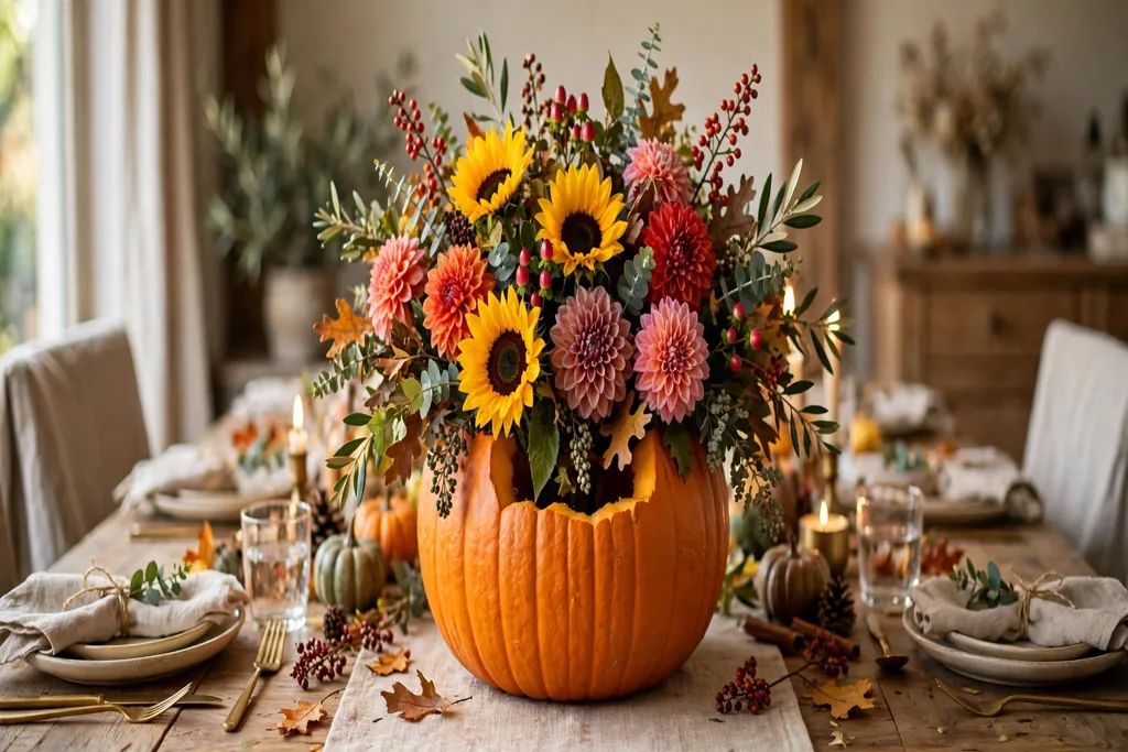 Hollowed pumpkin vase with sunflowers, dahlias, and berry sprigs as a Thanksgiving centerpiece.