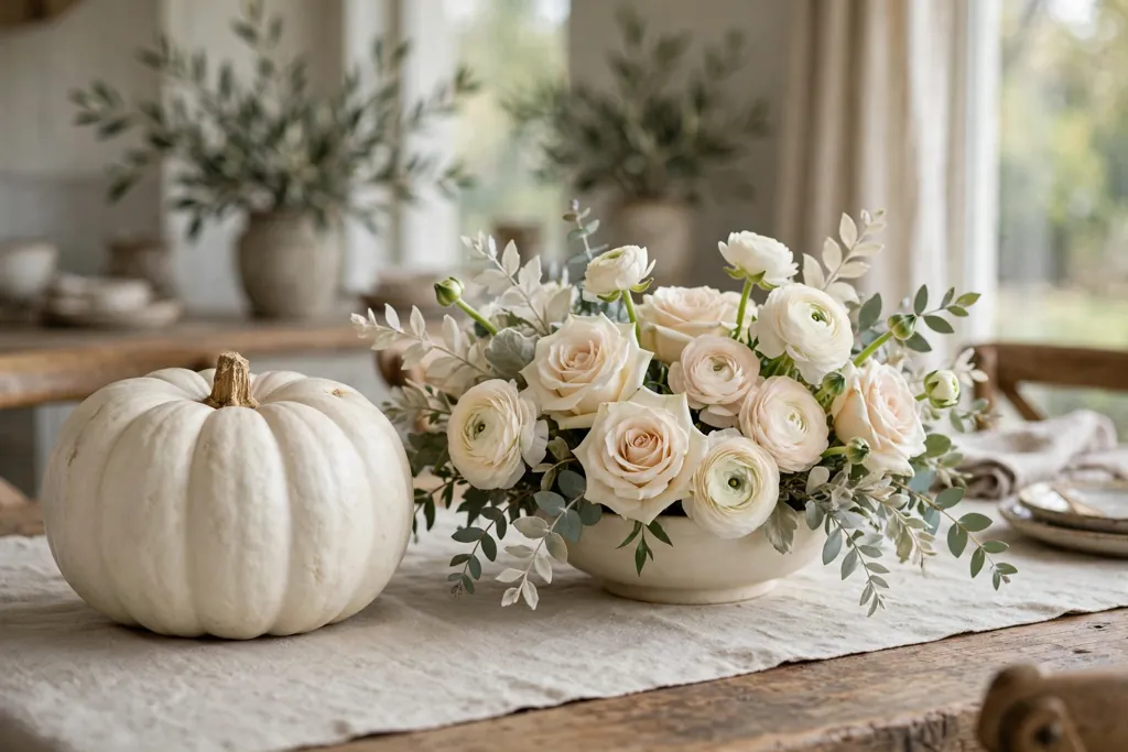 White pumpkin beside a low bowl of cream roses, ranunculus, and pale eucalyptus.