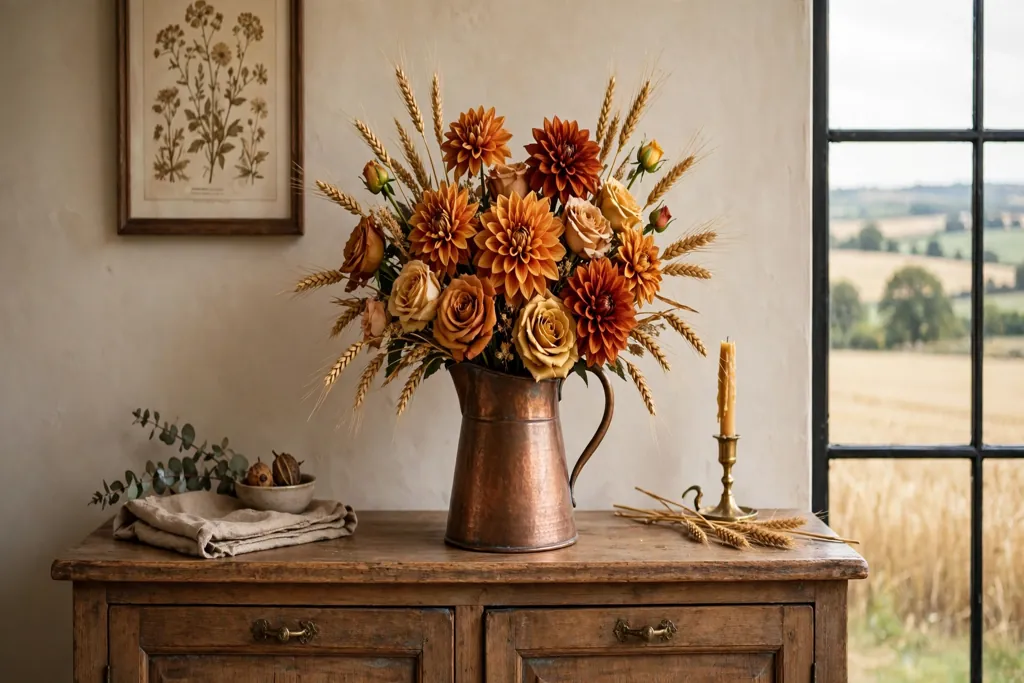 Copper pitcher holding rust and gold dahlias, roses, and wheat stems on a sideboard.