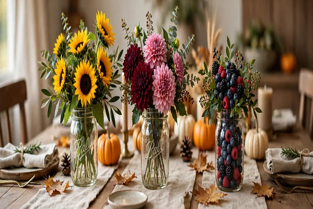 Three mason jars with sunflowers, dahlias, and berries spaced down a Thanksgiving table.