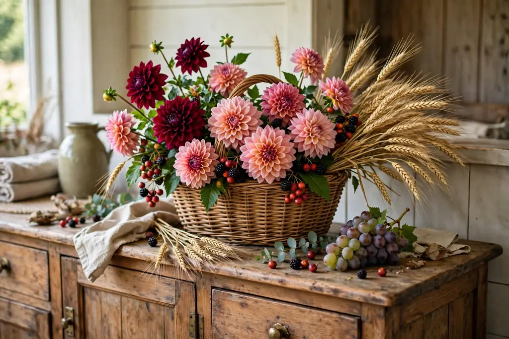 Harvest basket filled with dahlias, wheat, berries, and grapes on a sideboard.