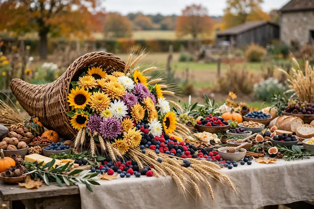 Woven cornucopia horn with flowers, wheat, and berries spilling onto a buffet table.