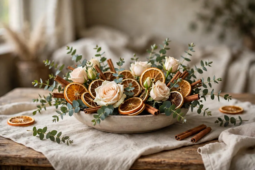 Low bowl arrangement with dried orange slices, eucalyptus, cinnamon sticks, and cream roses.