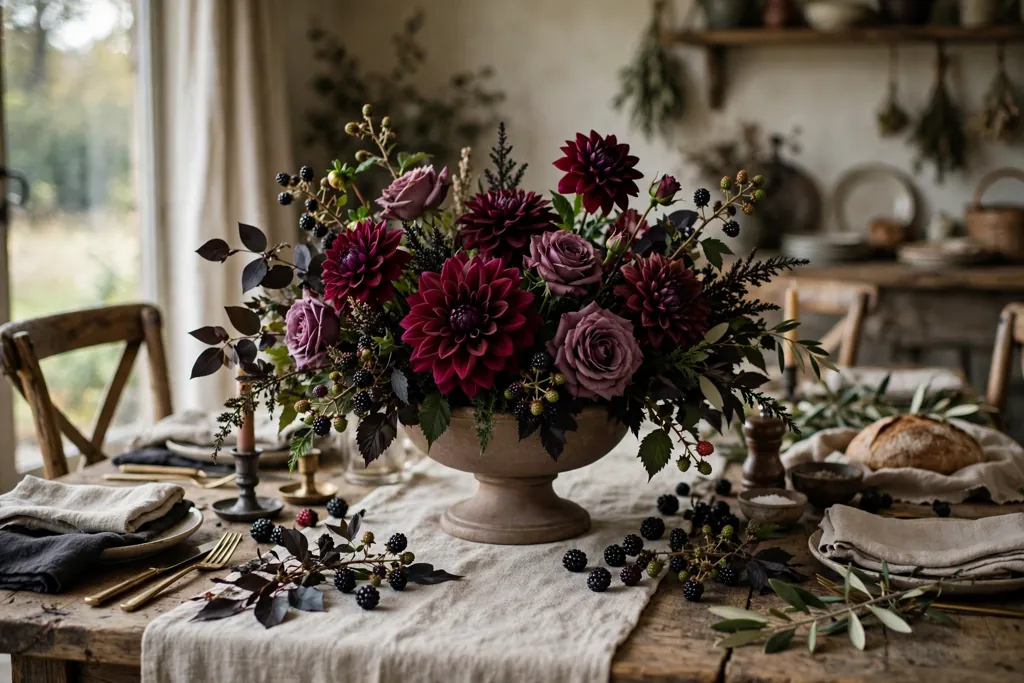 Footed bowl with burgundy dahlias, plum roses, dark foliage, and blackberry sprigs.