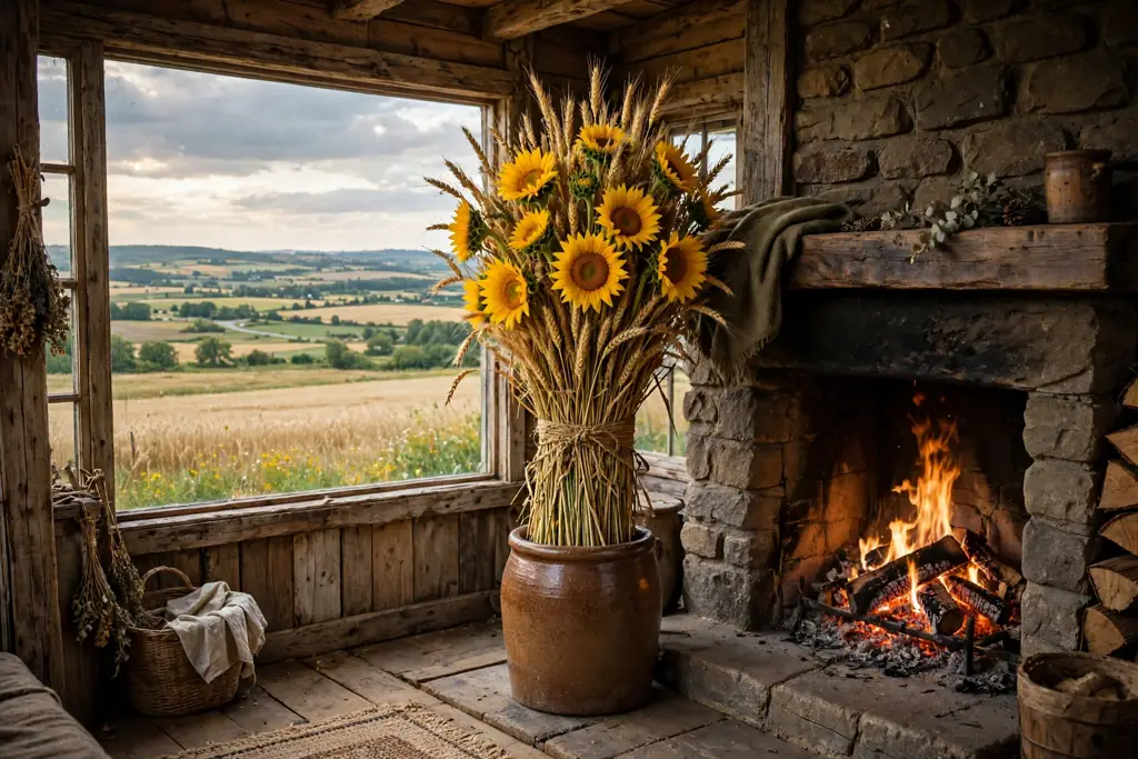 Tall sheaf bundle of sunflowers and wheat tied with twine in a crock.