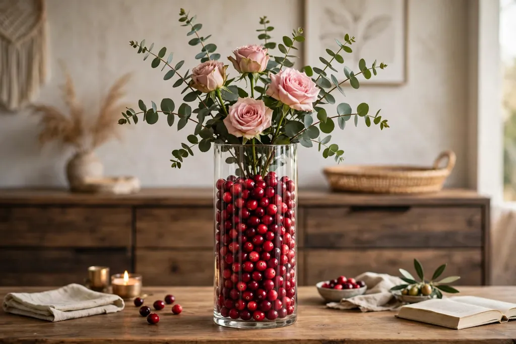 Tall glass cylinder filled with cranberries holding roses and eucalyptus stems.