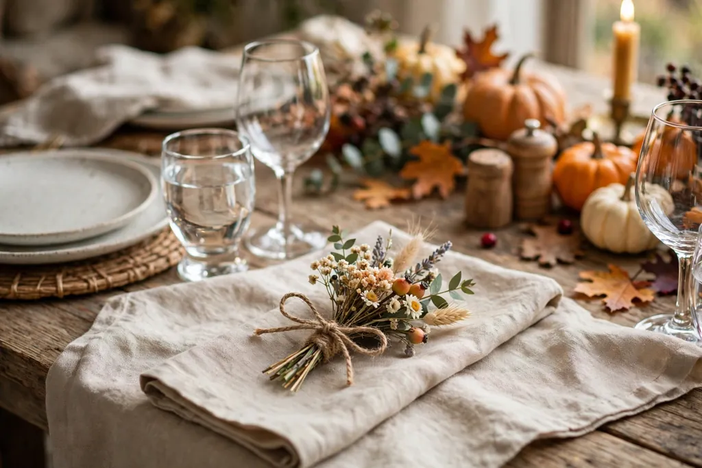 Small flower posy tied with twine laid across a napkin at a Thanksgiving place setting.
