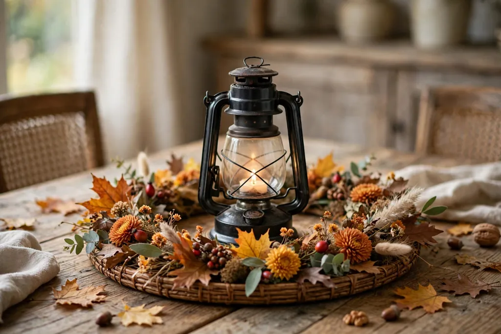 Lantern surrounded by a low ring of fall flowers on a round tray.