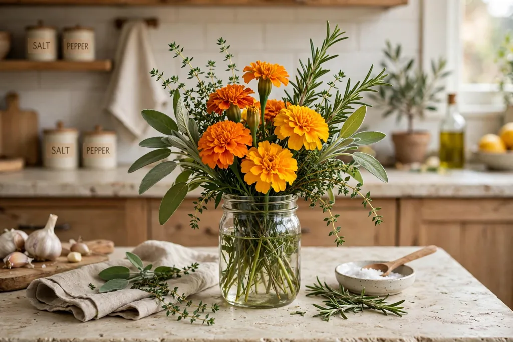 Jar bouquet with marigolds, sage, rosemary, and thyme sprigs on a kitchen counter.