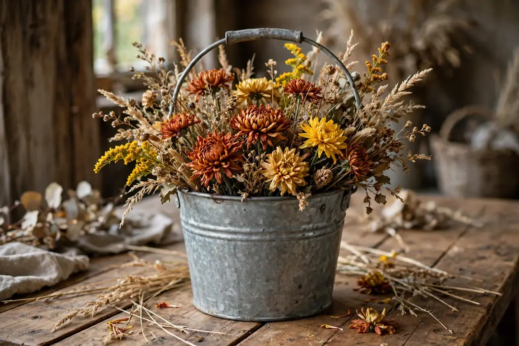 Galvanized pail with rust chrysanthemums, gold blooms, and dried grass on a wood table.